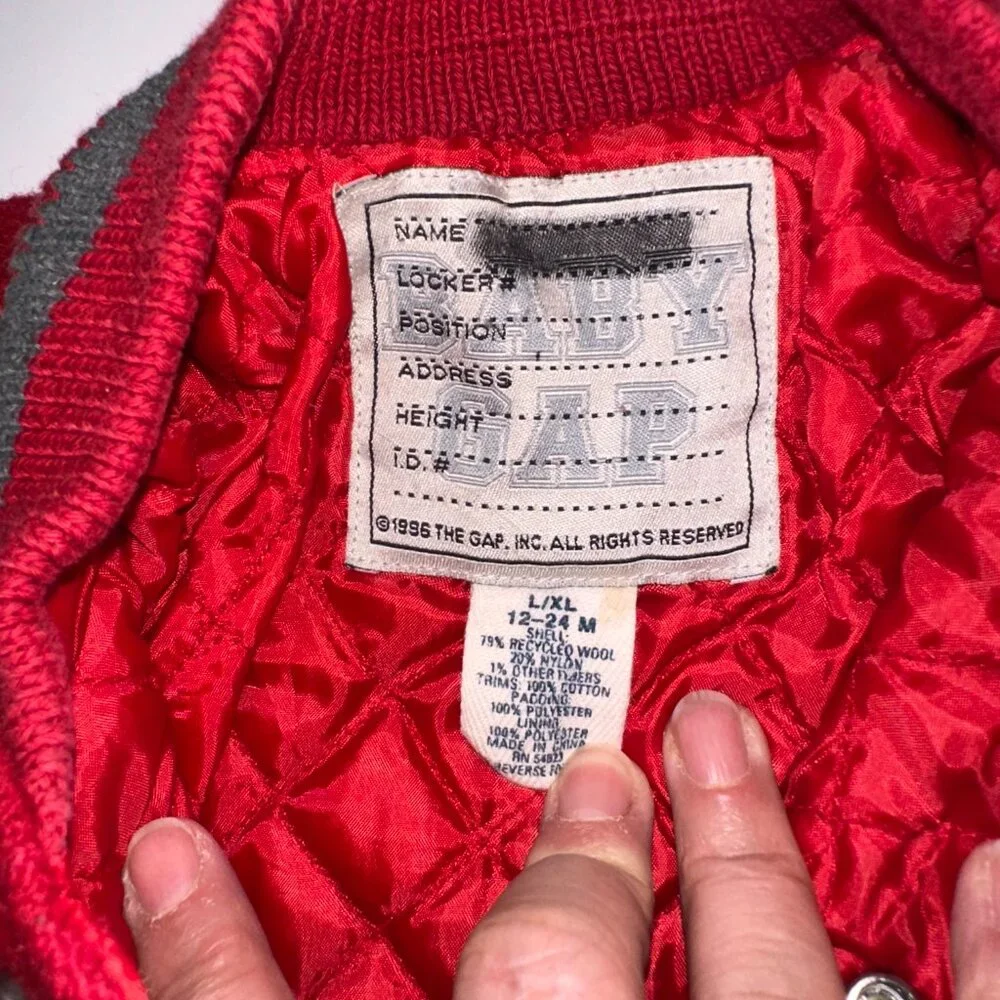 Vintage Baby Gap Varsity Jacket 12-24 months red gray Bomber Snap Wool Coat 1996